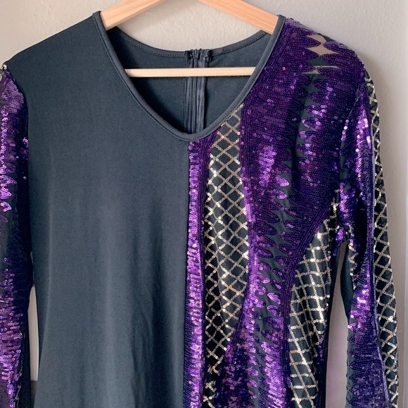 Purple Sequin Long Sleeve Midi Dress - Picture 1 of 9